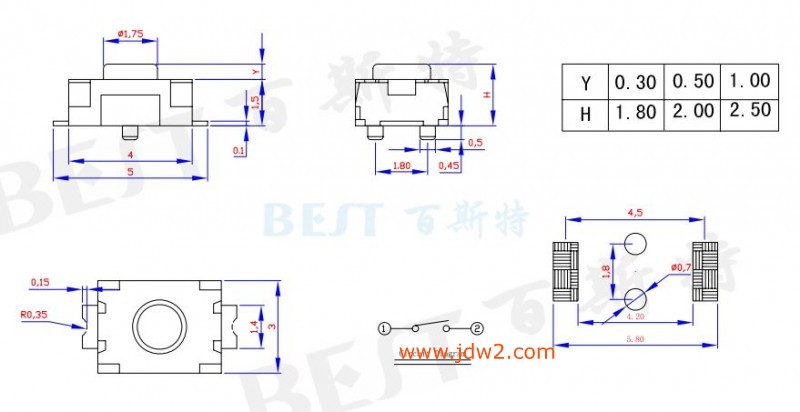 轻触开关TS-1185E_参考图纸